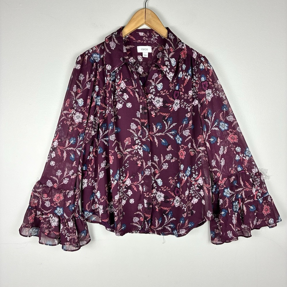 CeCe Floral Blouse L Purple Plum Bell Ruffle Long Sleeves Boho Peasant Hippie - Picture 2 of 10